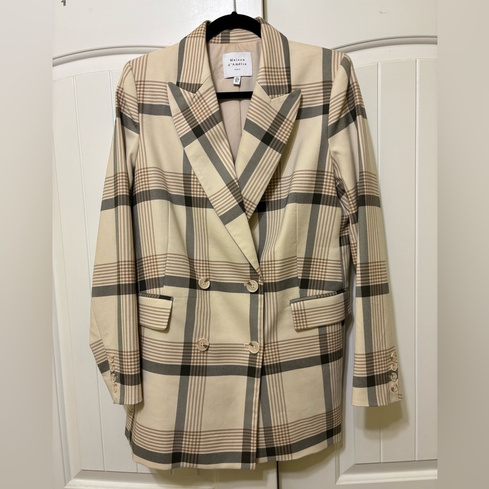 Maison d’Amelie cream double breasted plaid blazer, sz S preppy academia jacket